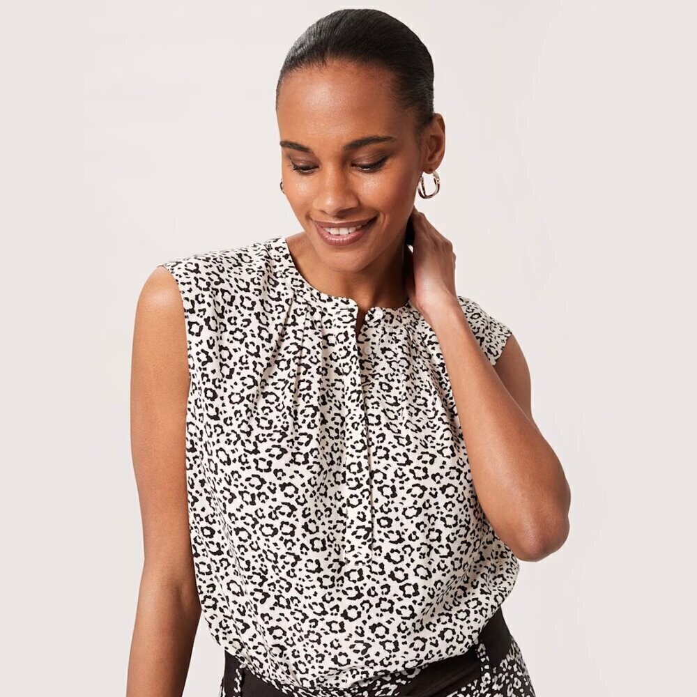 Hobbs London Lille Black White Leopard Print Sleeveless Popover Blouse 6
